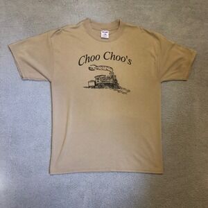 Vtg Jerzees Choo Choo's Train Graphic Tee Tan XL Heavyweight Blend Locomotive